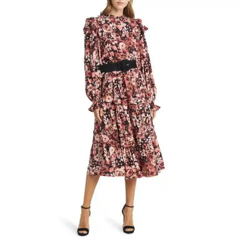 Rachel Parcell | Tiered Long Sleeve Floral Midi Dress Size 6